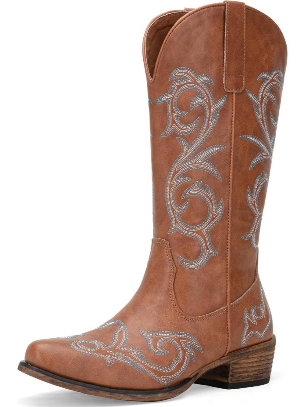 Women's Brown Retro Cowgirl Boots Wide Calf Mid Calf Western Low Chunky Heels